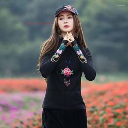 Ethnic Clothing 2024 Chinese Traditional T-shirt Improved Hanfu Tops National Flower Embroidery Stand Collar Shirt Oriental Retro Base