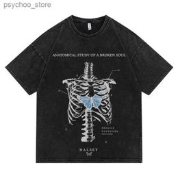 Men's T-Shirts Hip Hop Oversize Washed T-Shirt Men Streetwear Bone Skull Graphic T Shirt 2023 Summer Short Sleeve Tshirt Harajuku Q240130