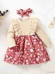 Girl's Dresses 2PCS Toddler Girl Long Sleeve Floral Dress+Headband Cute Girls Spring Autumn Dresses Children Girl Clothes for Kids 0-3 Years