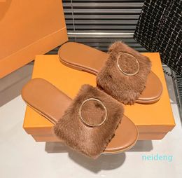 2024 Designer Slipper Mink Hair Flat Mules Slippers Woman Comfort Fluffy Slides Sandals Purse Crossbody