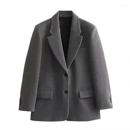 Women's Suits Winter Blazer 2024 Casual Single Breasted Pocket Long Sleeve Classic Retro Straight Grey Suit Coat Chic Top