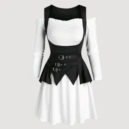 Casual Dresses Long Sleeve Off The Shoulder A Line Mini Twinset Dress With Buckle Strap Asymmetrical Vest Women Fashion Robe Set