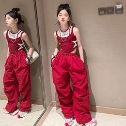 Clothing Sets Teenage Girls Casual Wear Star Vest Tops Wide Leg Cargo Pants Suits Hip Hop Kids Sweatpants Pockets Joggers Trousers Tracksuit