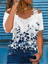 Women's T-Shirt Summer Sexy Lace Short Sleeve Off Shoulder V-Neck Women T-Shirts Ladies Floral Print Street Tops Female Casual Loose T-Shirt 240130