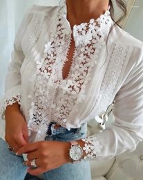 Women's Blouses Fashion Woman Blouse 2024 Spring Floral Pattern Lace Patch Hollow-Out Long Sleeve Casual Stand Collar Plain Daily Top