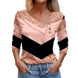 Women's Blouses Soft Fabric Loose Fit Top Sequin Colorblock V Neck T-shirt For Women Long Sleeve Pullover Blouse With Button Decor