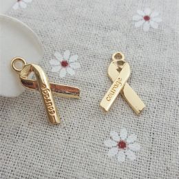 charms 50pcs/lot 14*22mm gold color Help Heighten AIDS And HIV Awareness Red Ribbon Charm pendant lettering Courage DIY accessories