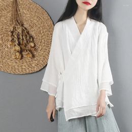 Ethnic Clothing Women Cotton Linen Solid Vintage Tang Suit V Neck Loose Spring Blouse Thin Hanfu Chinese Style Harajuku Zen Tops Clothes