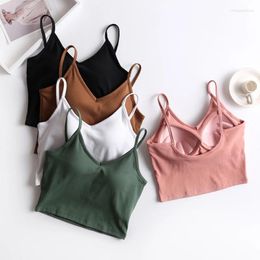 Women's Tanks Women One Piece V-Neck Crop Top With Chest Pad Sleeveless Spaghetti Strap Casual Camisole Built In Bra