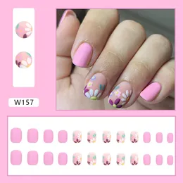 False Nails 24Pcs Summer Pink Small Fresh White Flowers Decorated Frosted Matte Wearable Short Fake Press On Art