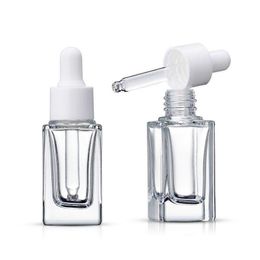 Clear Square Glass Dropper Bottle Essential Oil Perfume Bottle 15ml with White/Black/Gold/Silver Cap Kormw Vddrx