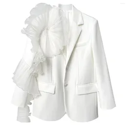 Women's Suits SuperAen Design Sense Niche 2024 Spring White Single Row Two Button Splicing Mesh Ruffle Edge Blazer