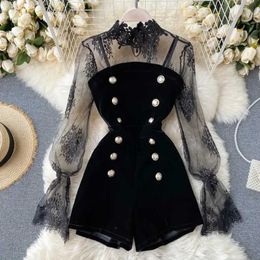 Basic Casual Dresses Sexy Puff sleeves mesh lace double chest jumpsuit fashionable dress womens short leg tight fitting suit beach bohemian tight fitting suit J2401