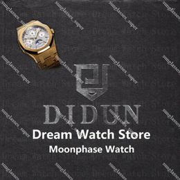 DIDUN Orologi da uomo Top Automatic Gear S3 Orologio in oro Orologio da polso impermeabile con fasi lunari Bracciale in acciaio inossidabile269P