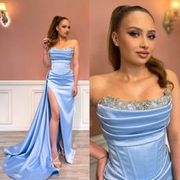 Skyblue Elegant Evening Dresses Strapless Elastic Satin Evening Gowns Sexy High Split Beaded Formal Prom Dress Birthday Party Gown NE003