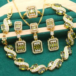 Strands Olive Green Topaz Gold Colour Jewellery Sets for Women Wedding Exquisite Bracelet Earrings Necklace Pendant Ring Holiday Gift