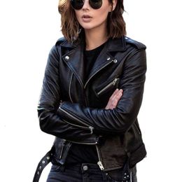 European And American Motorcycle Leather Jacket Autumn And Winter Women's Leather Jacket, Women's Short Slim Fit Diagonal Pull Leather Jacket