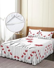 Bed Skirt Red Flower Lines Plant Elastic Fitted Bedspread With Pillowcases Protector Mattress Cover Bedding Set Sheet