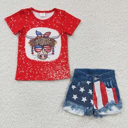 Clothing Sets Wholesale Toddler July 4th Western Cow Summer Red Short Sleeves Outfit Baby Girl Top Star Striped Denim Shorts Children Kid