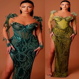 2024 Aso Ebi Sequined Sheath Prom Dress Beaded Crystals High Split Evening Formal Party Second Reception Birthday Engagement Gowns Dresses Robe De Soiree ZJ75