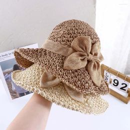 Berets Minority Solid Color Outdoor Visor Caps Matching Bow Bucket Hats Shading Hat Seaside Straw Women Sun Korean Style Cap