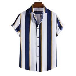 Mens Hawaiian shirt summer striped printed short sleeved top T-shirt fashionable casual social shirt lapel button oversized mens clothing 240130