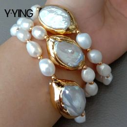 Bracelets Y.YING 8'' 3 Rows Cultured White Baroque freshwater Pearl White Keshi Pearl Bracelet for handmade classic wedding for women