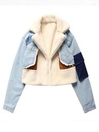 Women's Jackets Vintage Lambswool Coat Women Winter Loose Denim Plush Jacket Female Fashion Turn Down Collar Patchwork Short Outwear Ladies