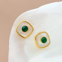 Stud Earrings 925 Sterling Silver Inlaid Natural Pearl Shell Green Chalcedony 18K Gold Plated Square Earstuds Trendy Jewellery Gift