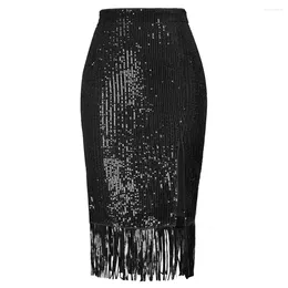 Skirts KK Women Sequined Party Skirt Hips-wrapped Elastic Waist Front Slit Tassel Hem Sparkling Sexy Cocktail Lady Luxury Fashion