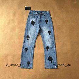 Chromees Hearts Men's Pants Mens Purple Brand Jeans Designer Make Old Washed Straight Trousers Prints Women Men Long Style Fashion Trend Chromees Hearts Jeans 3269