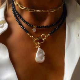 Torques Black Crystal Beads Paired with Natural Baroque Pearl Pendant Necklace For Women Fashion Daily Ladies Sweater Chain Girl Jewelry