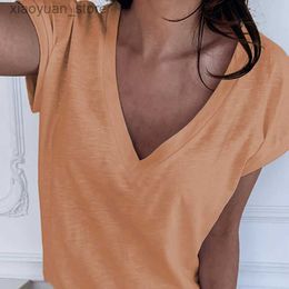 Women's T-Shirt Solid Colour Womens T-shirt Fashion Simple Short Sleeve Tee Harajuku Casual Top Female Clothes V-neck T Shirt For Girls Pullover 240130