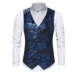 #4811 Flower Printed Vest Men Vneck Vintage Formal Slim Mens Sleeveless Vests Korean Fashion Suits Spring Autumn 240119