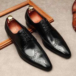 Mens Oxford Genuine Leather Black Pointed Tip Brogue Lace Up Dress Wedding Office Business Men Formal Shoes