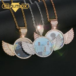 Necklaces Luxury Custom Made Photo With Crystal Angel Wings Pendants Necklaces 3 Colours Gold Cubic Zircon Men's Hip Hop Jewellery With Box