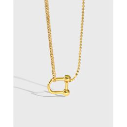 Necklace 18K Gold asymmetry Jewellery Authentic 925 Sterling silver Multirows Flat &Beads chain Horseshoe Necklace Pendant C403