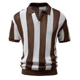 Mens 2024 Summer Polo Collar Mesh Shirt Hollow Short Sleeve Trend Mens Stripe T-shirt 240130