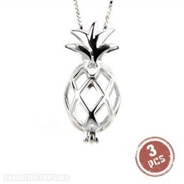 3pcs 925 Silver Pendant for Women Jewelry Charms Popular Fruit Hollowed Pineapple Cage Pendant Pearl Locket Y200903282S