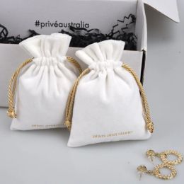 Jewellery White Velvet Gift Bags Gold Rope Logo 3x4in 4x6in 5x7in pack 50 Eyelashes Makeup Drawstring Pouch Jewellery Flannel Dust Sack