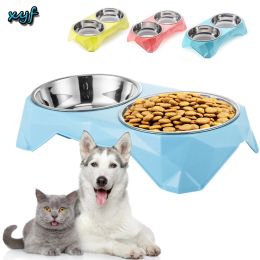 Feeders Pet Double Bowl Candy Colour Diamond Feeder Dish Water Bowl Cartoon Stainless Steel Dog Bowl Cat Drinker Food Double Bowl