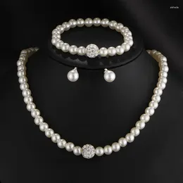 Necklace Earrings Set 3pcs Fashion Wedding Bridal Jewelry Pearl Party Prom Silver Color Crystal Bracelet For Women Jewellery