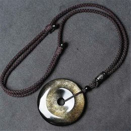 Crystal Natural Gold Obsidian Round Dout Peace Pendant Necklace Jewellery For Women Lady Men Crystal Stone 30mm Beads Rope Chains