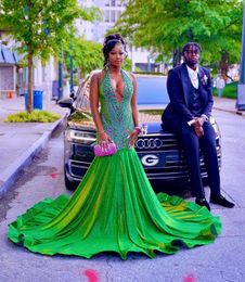 Fruit Green Sparkly Mermaid Prom Reception Dresses for Women Luxury Diamond Crystal Gillter Evening Gala Gown Black Girl