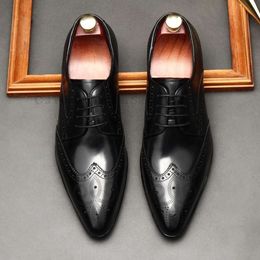 Classic Dress Real Leather Wingtip Derby Lace-up Brogues Wedding Party Suit Business Office Formal Shoes for Men