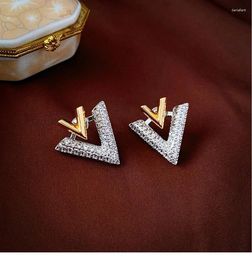 Stud Earrings 2024 French Elegant Fashion Jewellery Two-color Plated Letter V Zircon Luxury Women's Ball Party Accessories