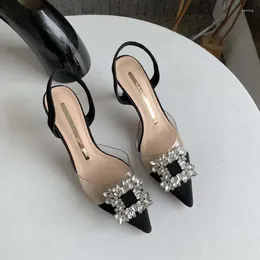 Sandals Fashion Baotou Half Slippers For Women 2024 Summer Outdoor Rhinestone Pointed Thick Heel High Zapatos De Mujer