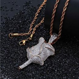 Rose Gold Silver Gold Rose Shape Pendant Gold CZ Bling Shine Hip Hop Pendant Necklace Cubic Zirconia 3D Pendant with 24inch Rope C3316