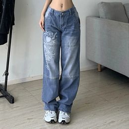 Jeans cargo stampati Harajuku Y2K Blu scuro marrone Vita alta Streetwear Jeans larghi 90S Pantaloni donna Jeans dritti a gamba larga 240129