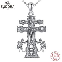 Pendants Eudora 925 Sterling Silver Catholic Caravaca Crucifix Orthodox Russia Cross Necklace for Man Cherub Angel Pendant Christian Gift